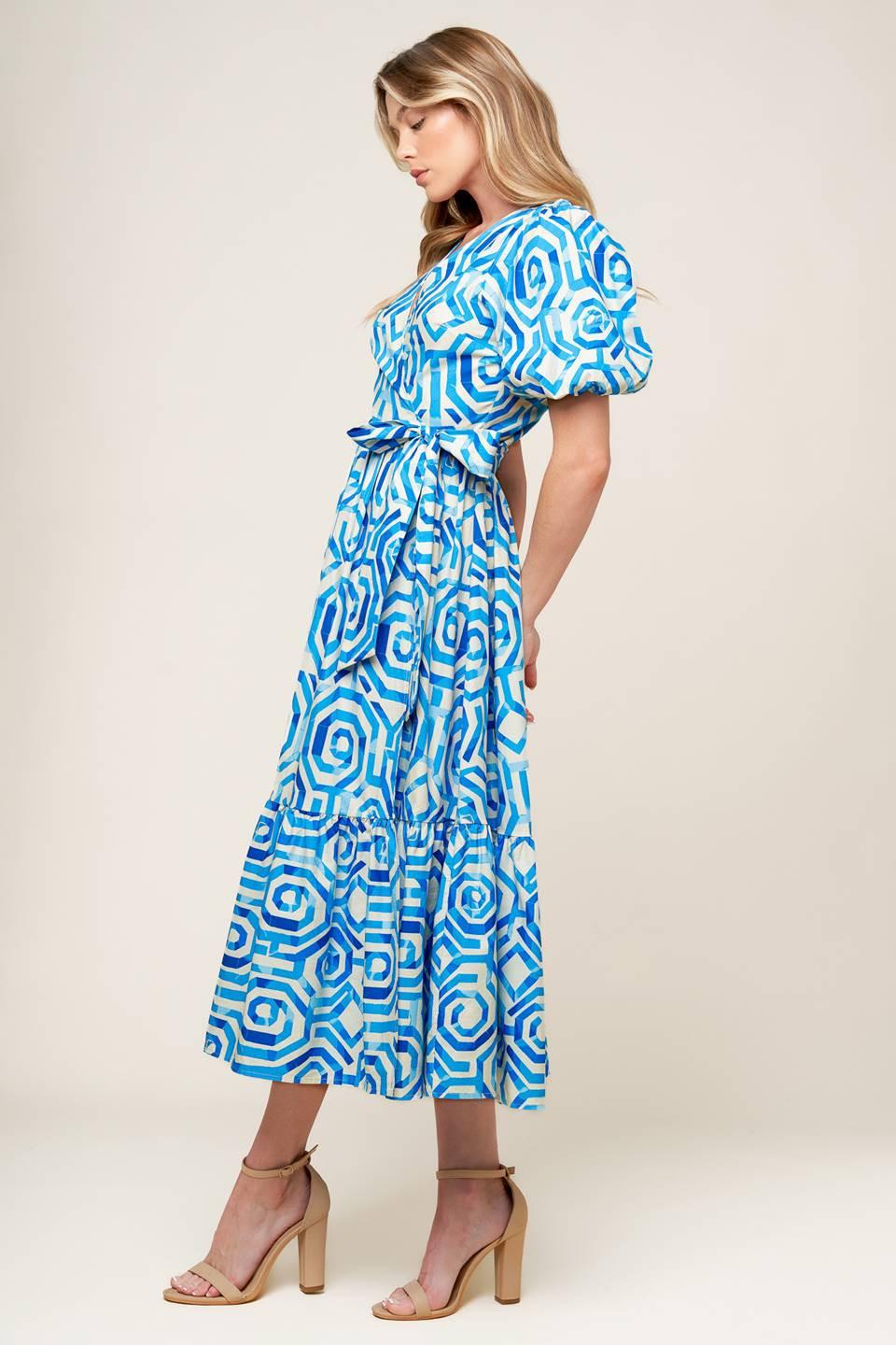 Seasonally Lovely Woven Midi Dress in off-white blue, view 4 — Soul Flow Apparel