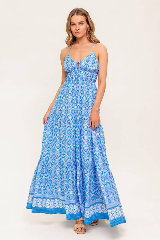 Wildflower Rhapsody Woven Maxi Dress in blue, view 3 — Soul Flow Apparel