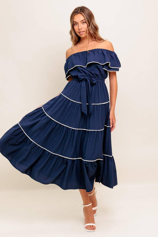 Buttercream Dream Navy Woven Midi Dress, view 2 — Soul Flow Apparel