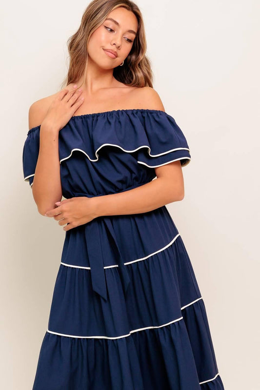 Buttercream Dream Navy Woven Midi Dress, view 4 — Soul Flow Apparel