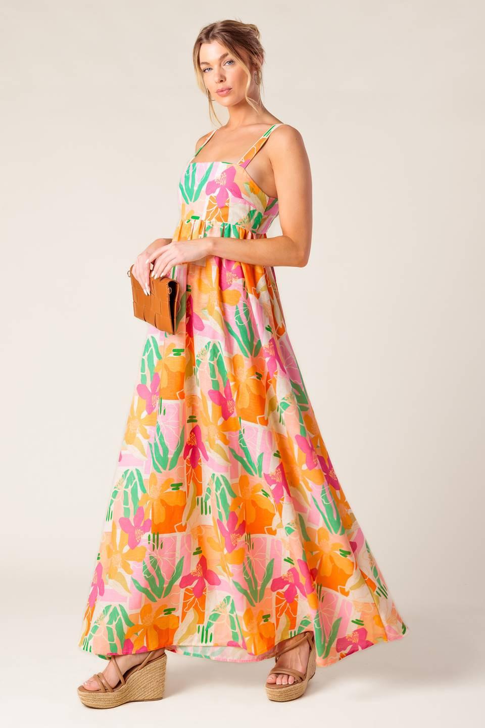 Bon Voyage Pink Orange Woven Maxi Dress, view 1 — Soul Flow Apparel