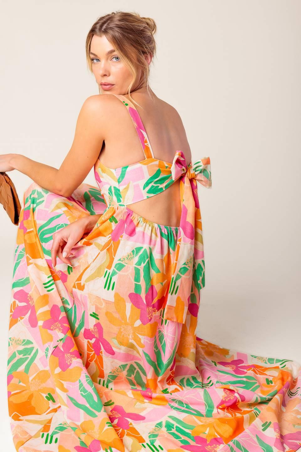 Bon Voyage Pink Orange Woven Maxi Dress, view 2 — Soul Flow Apparel