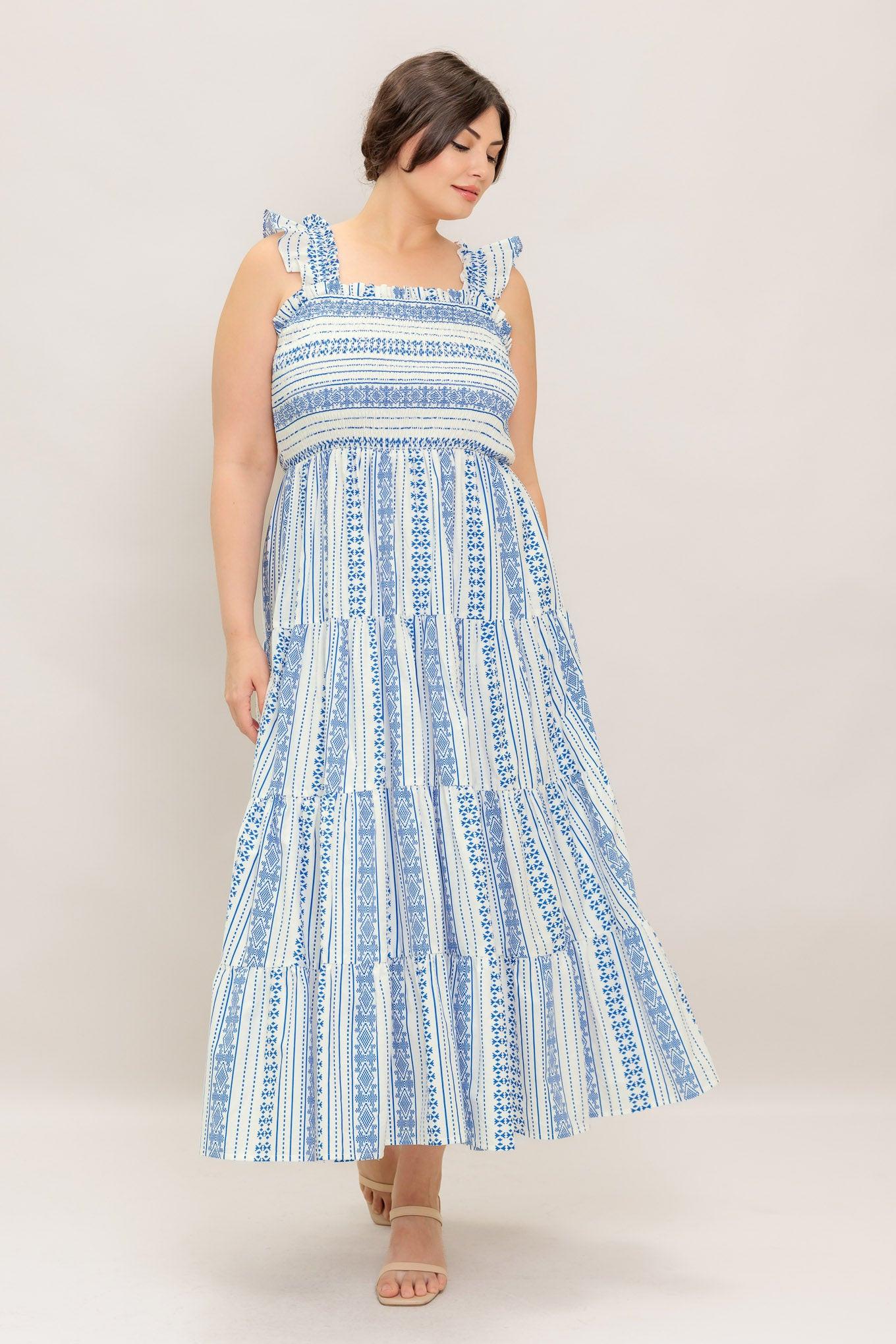 Midsummer Petals Woven Midi Dress in ivory blue, view 1 — Soul Flow Apparel