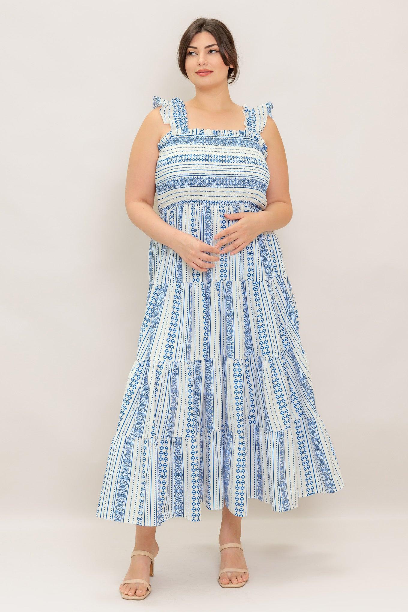 Midsummer Petals Woven Midi Dress in ivory blue, view 3 — Soul Flow Apparel