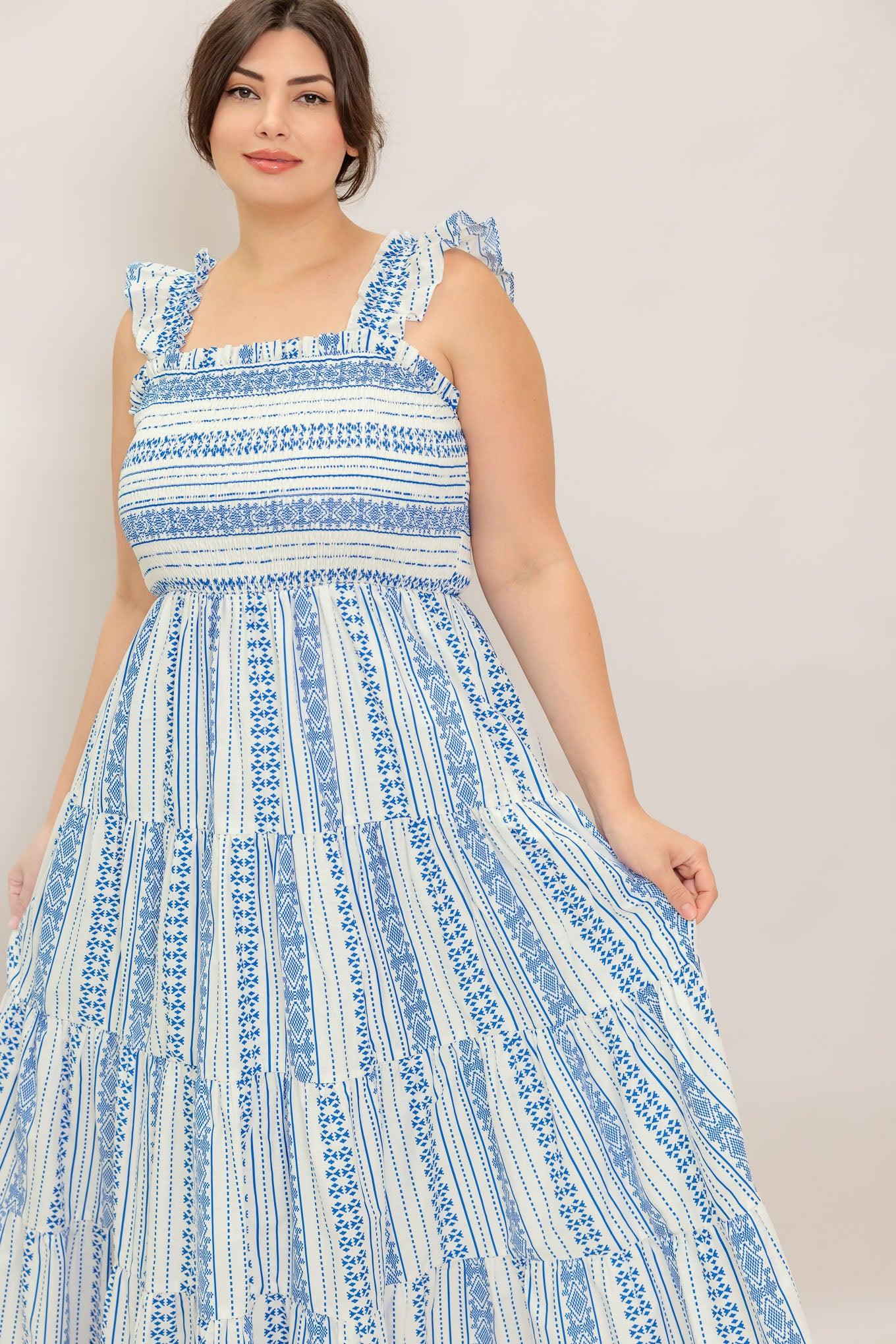 Midsummer Petals Woven Midi Dress in ivory blue, view 4 — Soul Flow Apparel