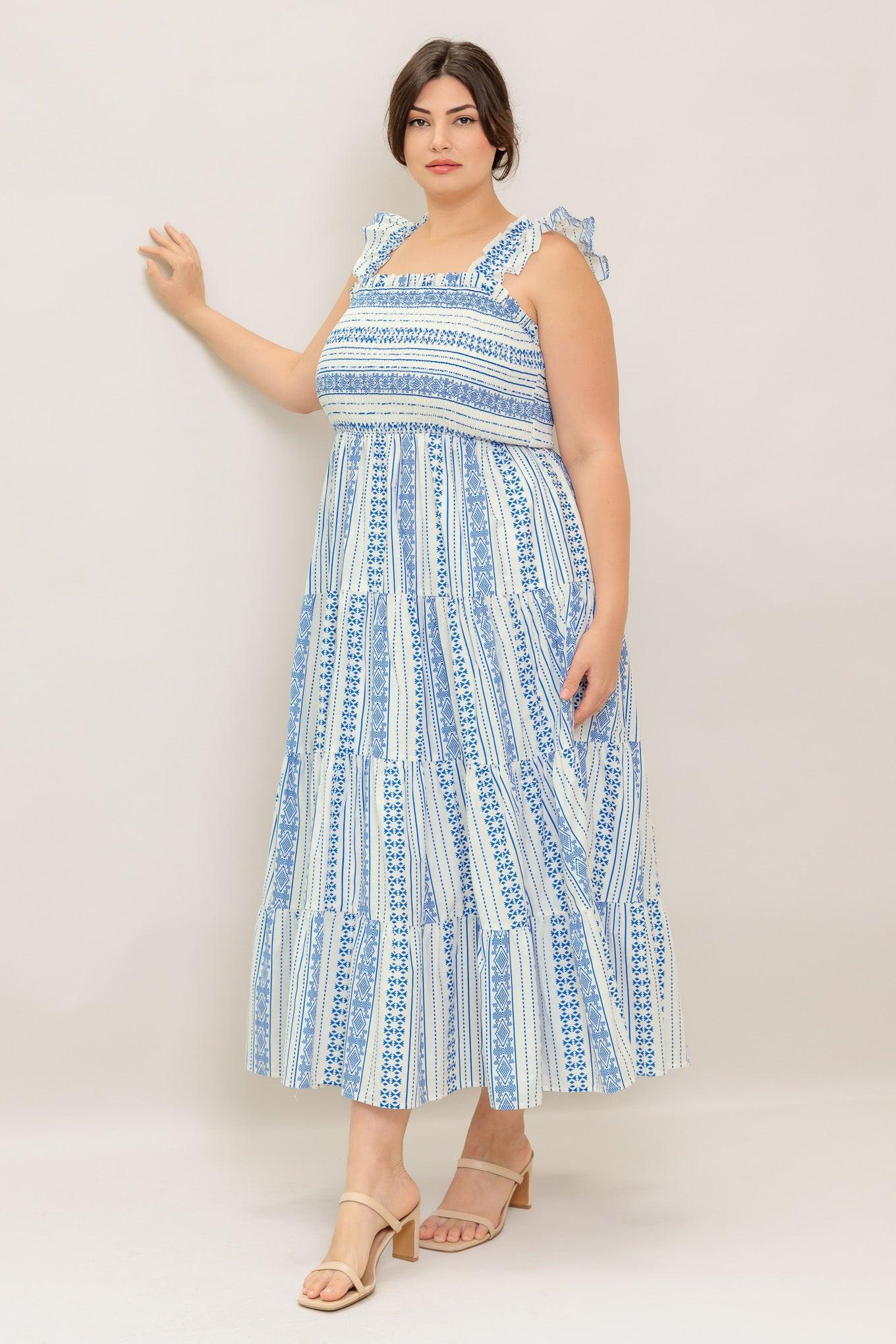 Midsummer Petals Woven Midi Dress in ivory blue, view 5 — Soul Flow Apparel