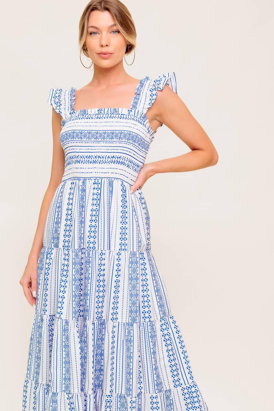 Midsummer Petals Woven Midi Dress in ivory blue, view 1 — Soul Flow Apparel