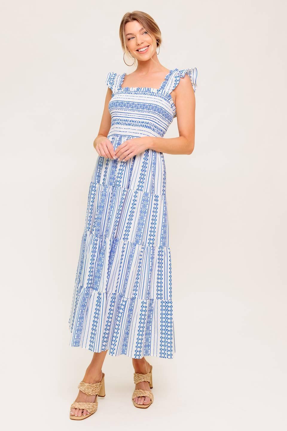Midsummer Petals Woven Midi Dress in ivory blue, view 2 — Soul Flow Apparel