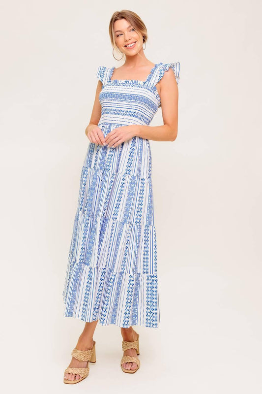 Midsummer Petals Woven Midi Dress in ivory blue, view 2 — Soul Flow Apparel
