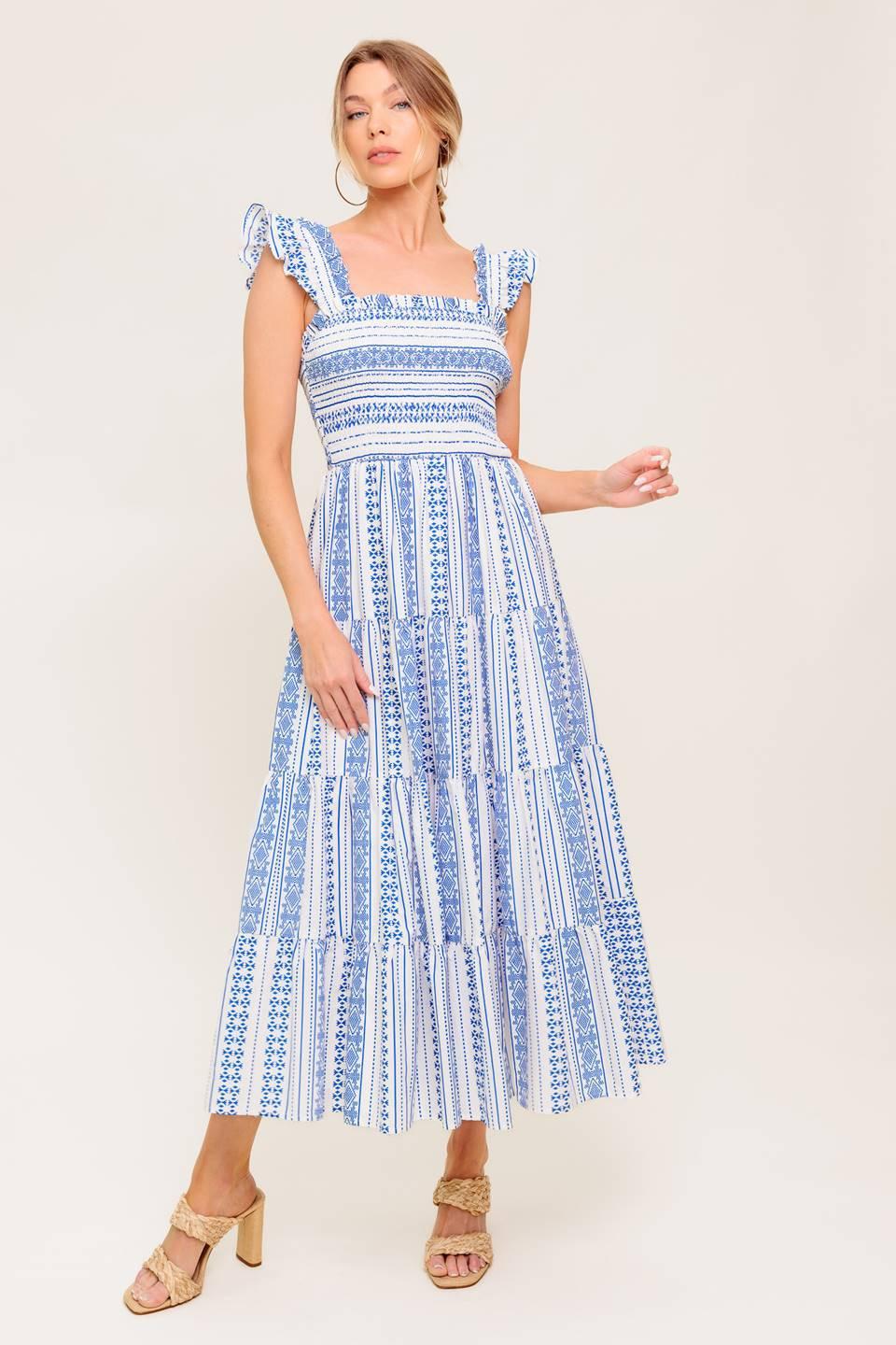 Midsummer Petals Woven Midi Dress in ivory blue, view 3 — Soul Flow Apparel