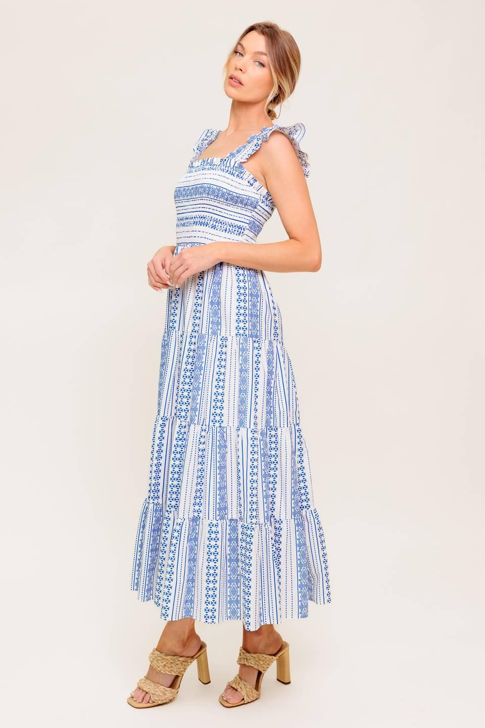 Midsummer Petals Woven Midi Dress in ivory blue, view 4 — Soul Flow Apparel