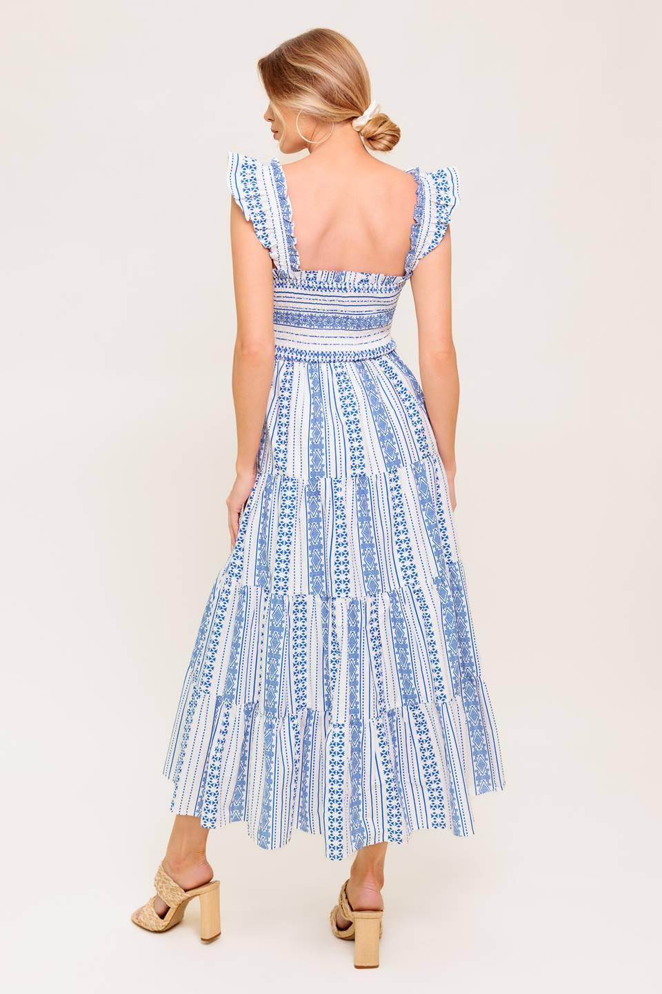 Midsummer Petals Woven Midi Dress in ivory blue, view 6 — Soul Flow Apparel