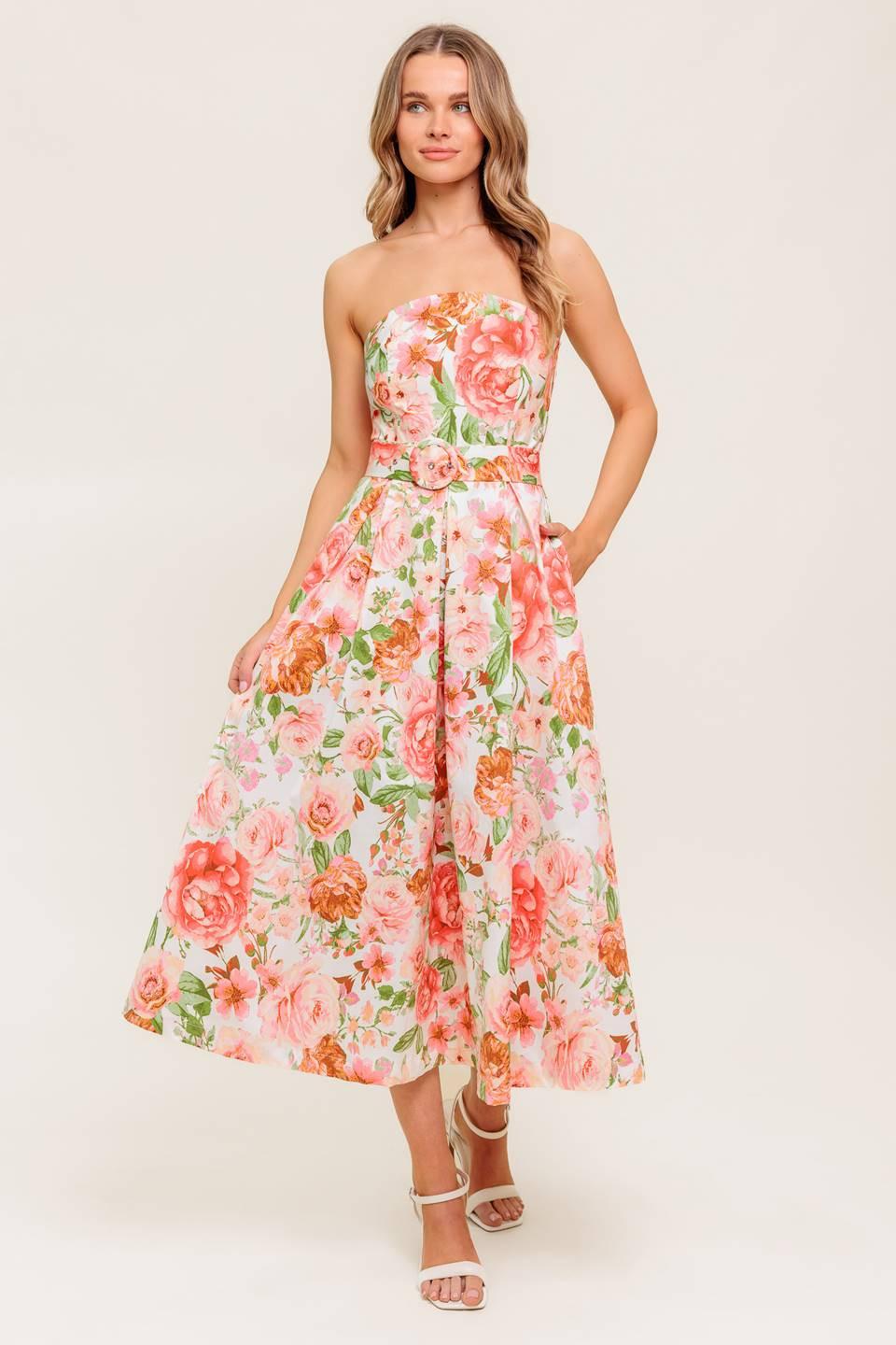 Blushing Dawn Pink Woven Midi Dress in ivory, view 1 — Soul Flow Apparel