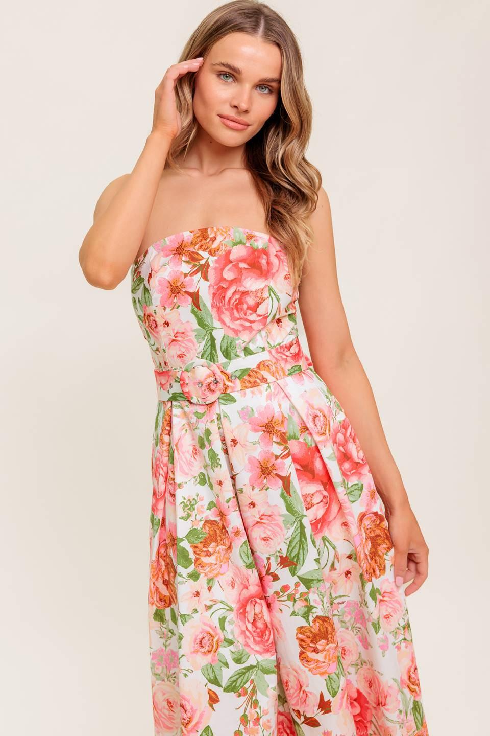 Blushing Dawn Pink Woven Midi Dress in ivory, view 3 — Soul Flow Apparel