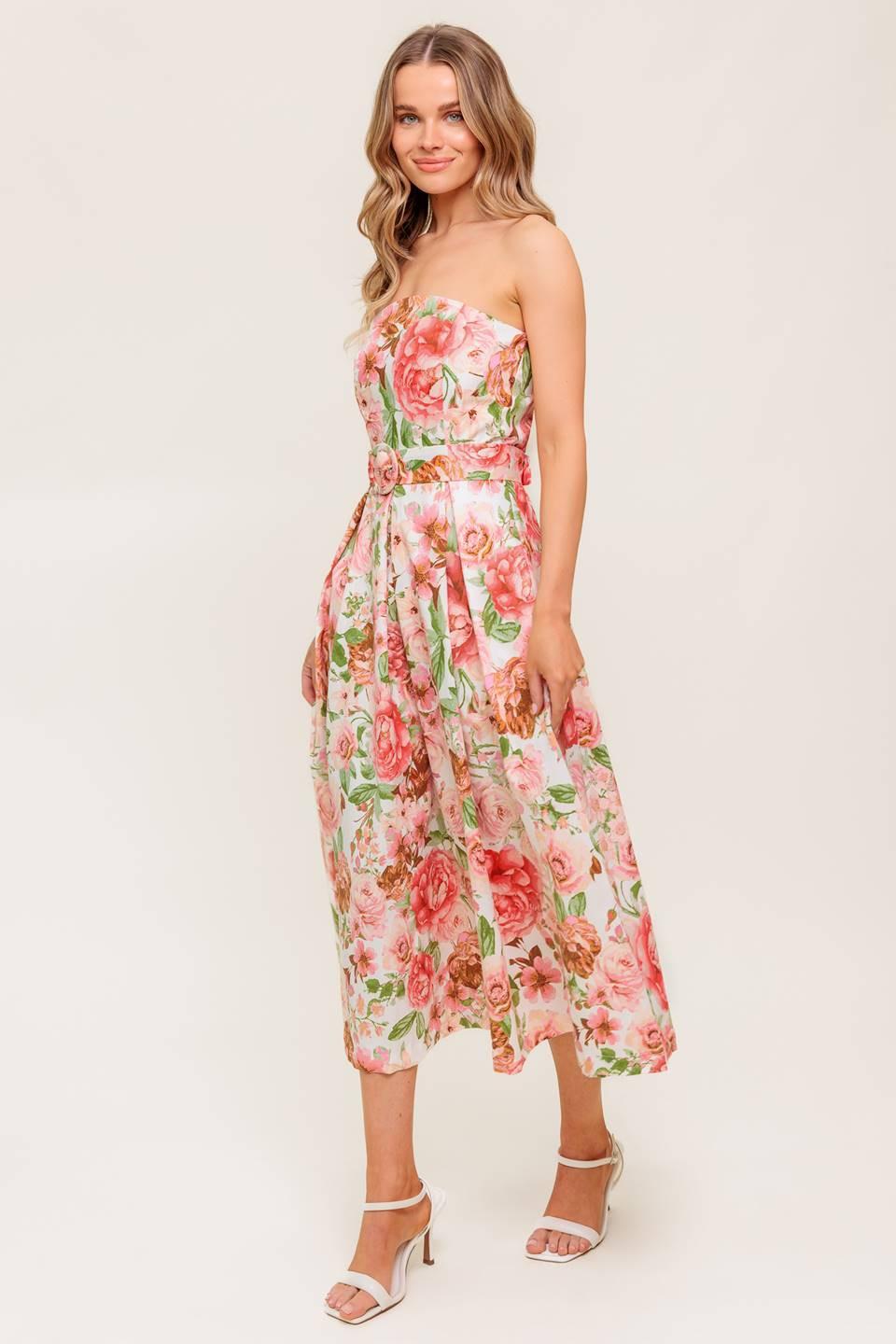 Blushing Dawn Pink Woven Midi Dress in ivory, view 5 — Soul Flow Apparel