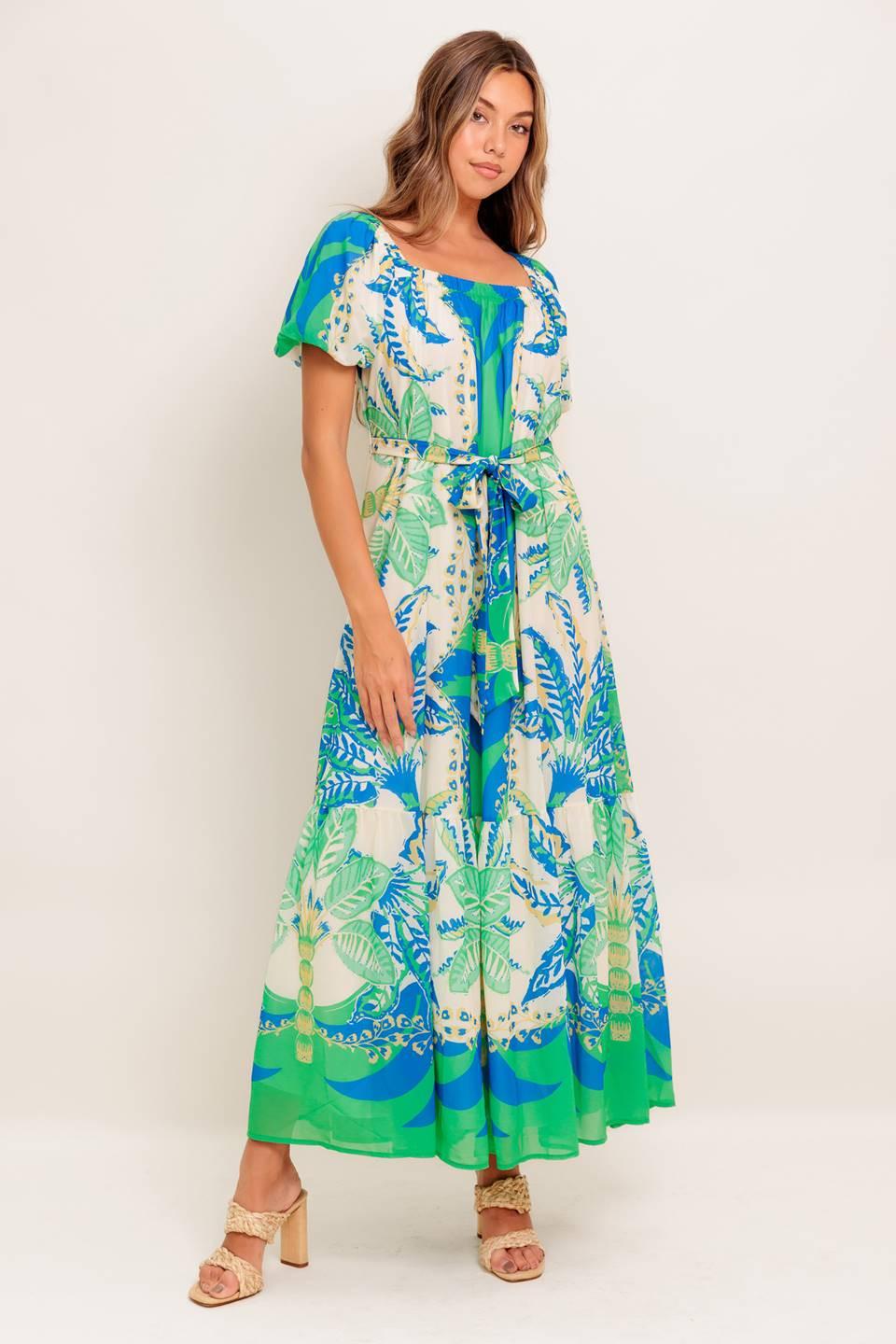 Palm Spring Nights Woven Maxi Dress in green blue, view 1 — Soul Flow Apparel