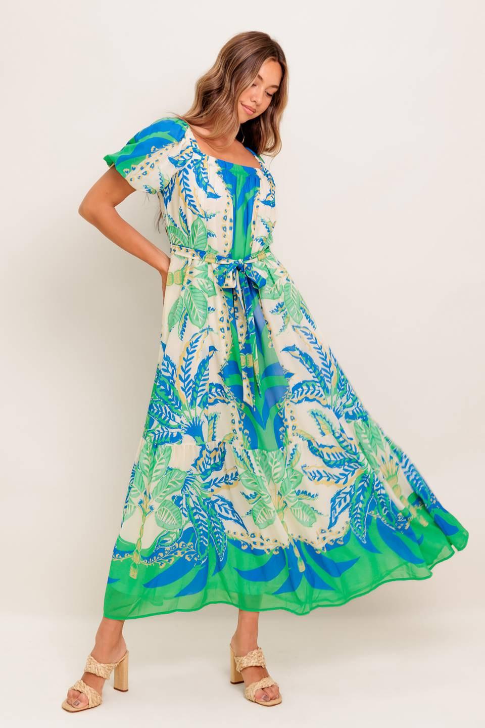 Palm Spring Nights Woven Maxi Dress in green blue, view 2 — Soul Flow Apparel