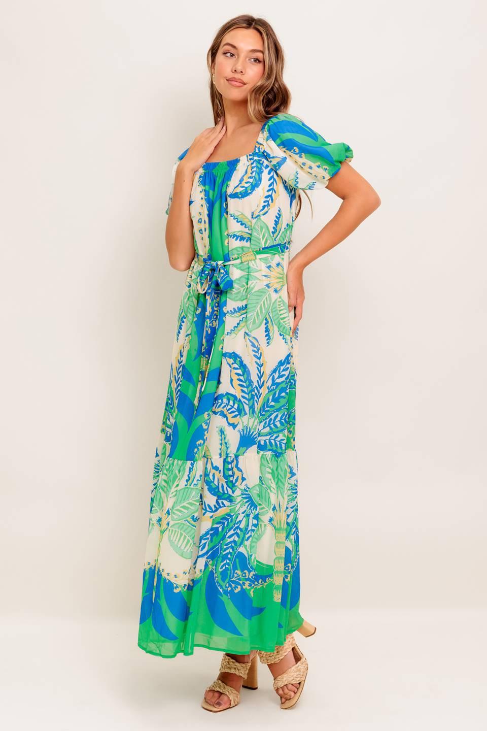 Palm Spring Nights Woven Maxi Dress in green blue, view 3 — Soul Flow Apparel
