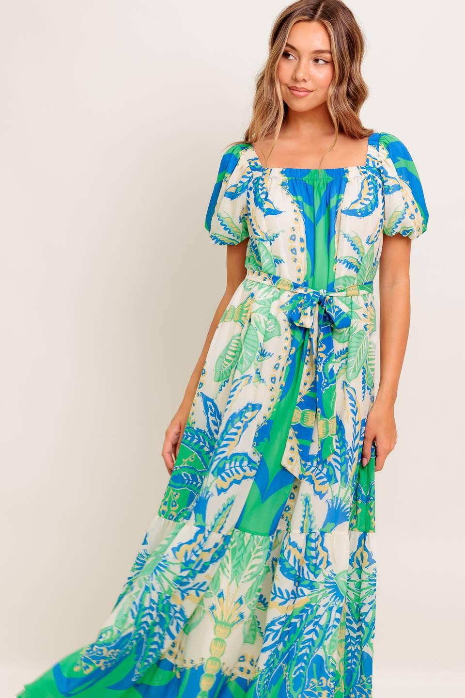 Palm Spring Nights Woven Maxi Dress in green blue, view 4 — Soul Flow Apparel