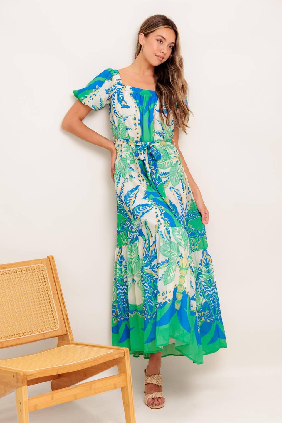 Palm Spring Nights Woven Maxi Dress in green blue, view 6 — Soul Flow Apparel