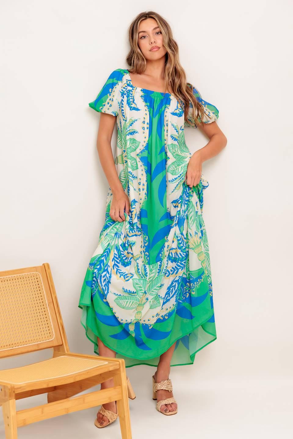 Palm Spring Nights Woven Maxi Dress in green blue, view 8 — Soul Flow Apparel