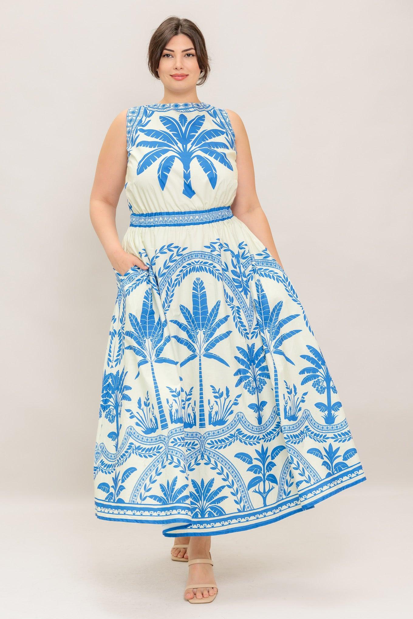 Ocean Petals Woven Midi Dress in ivory blue, view 1 — Soul Flow Apparel