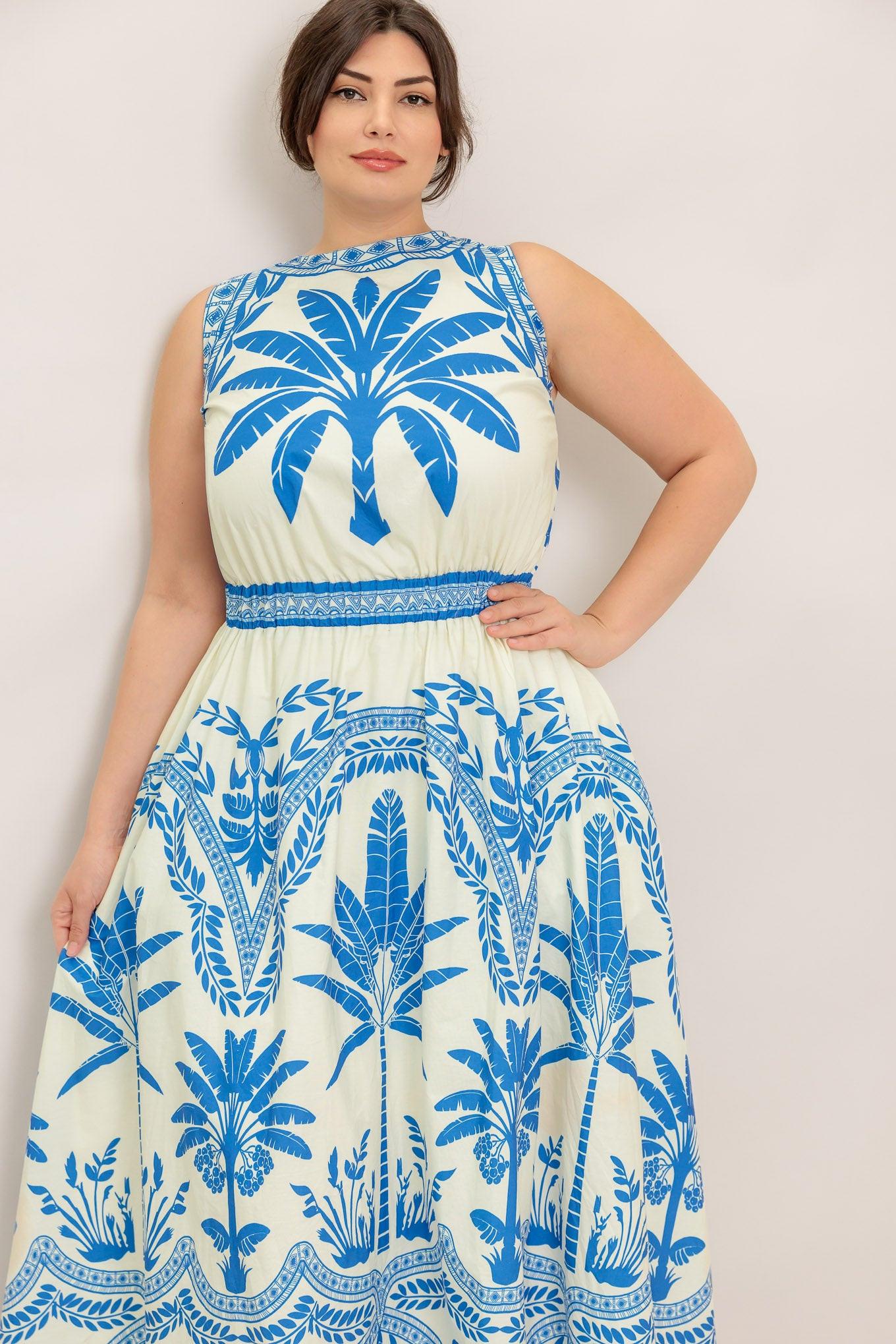Ocean Petals Woven Midi Dress in ivory blue, view 2 — Soul Flow Apparel