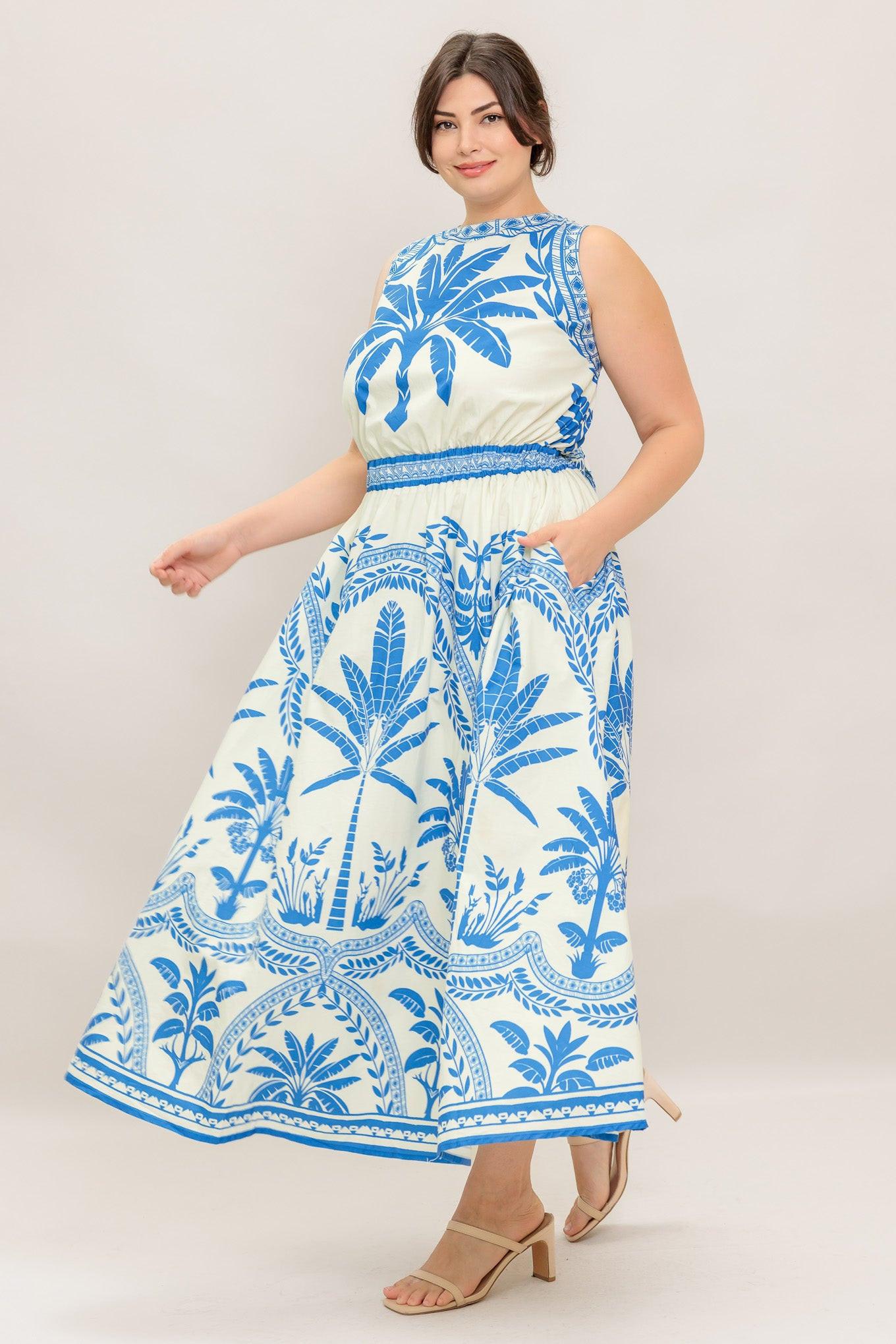 Ocean Petals Woven Midi Dress in ivory blue, view 3 — Soul Flow Apparel