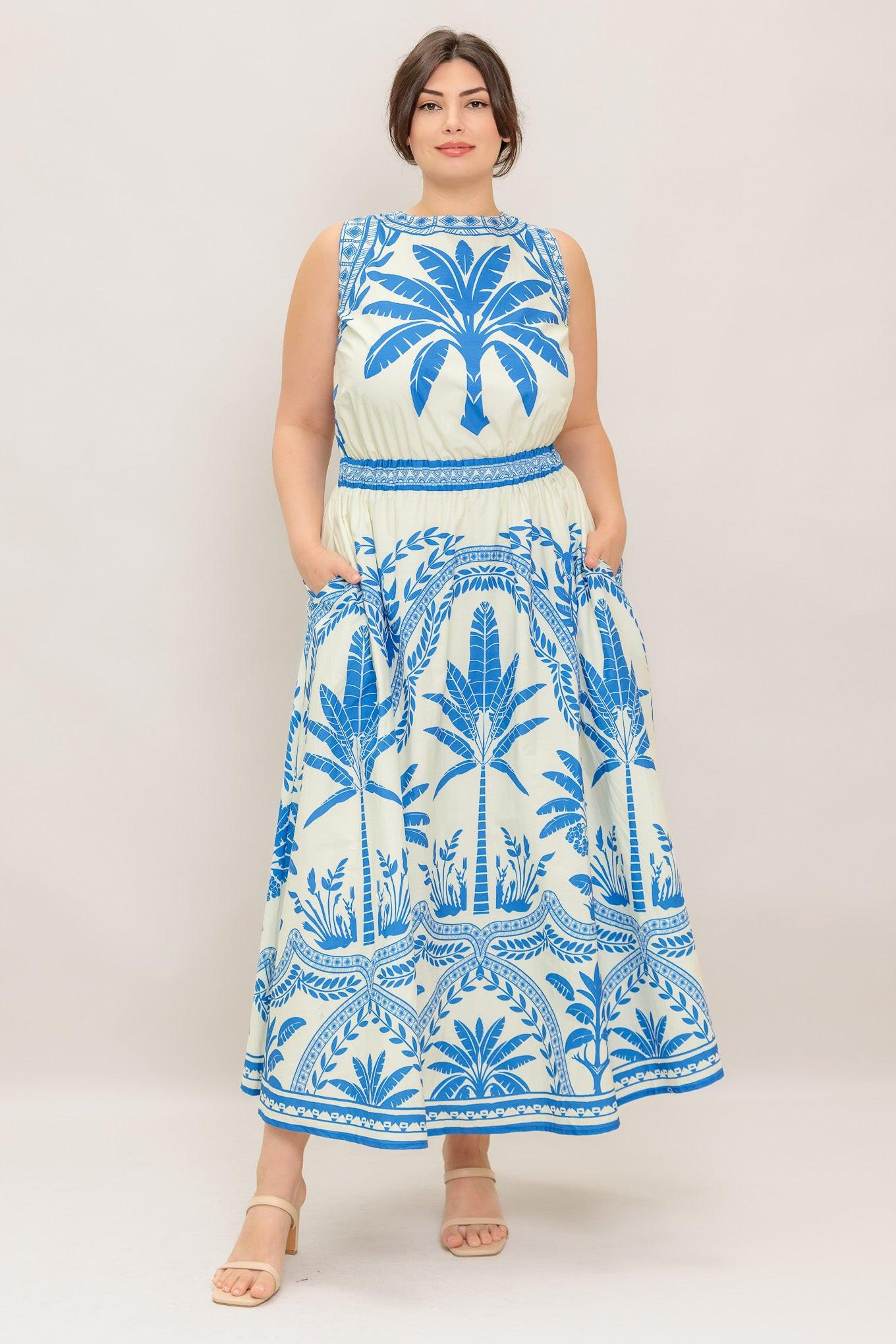 Ocean Petals Woven Midi Dress in ivory blue, view 4 — Soul Flow Apparel