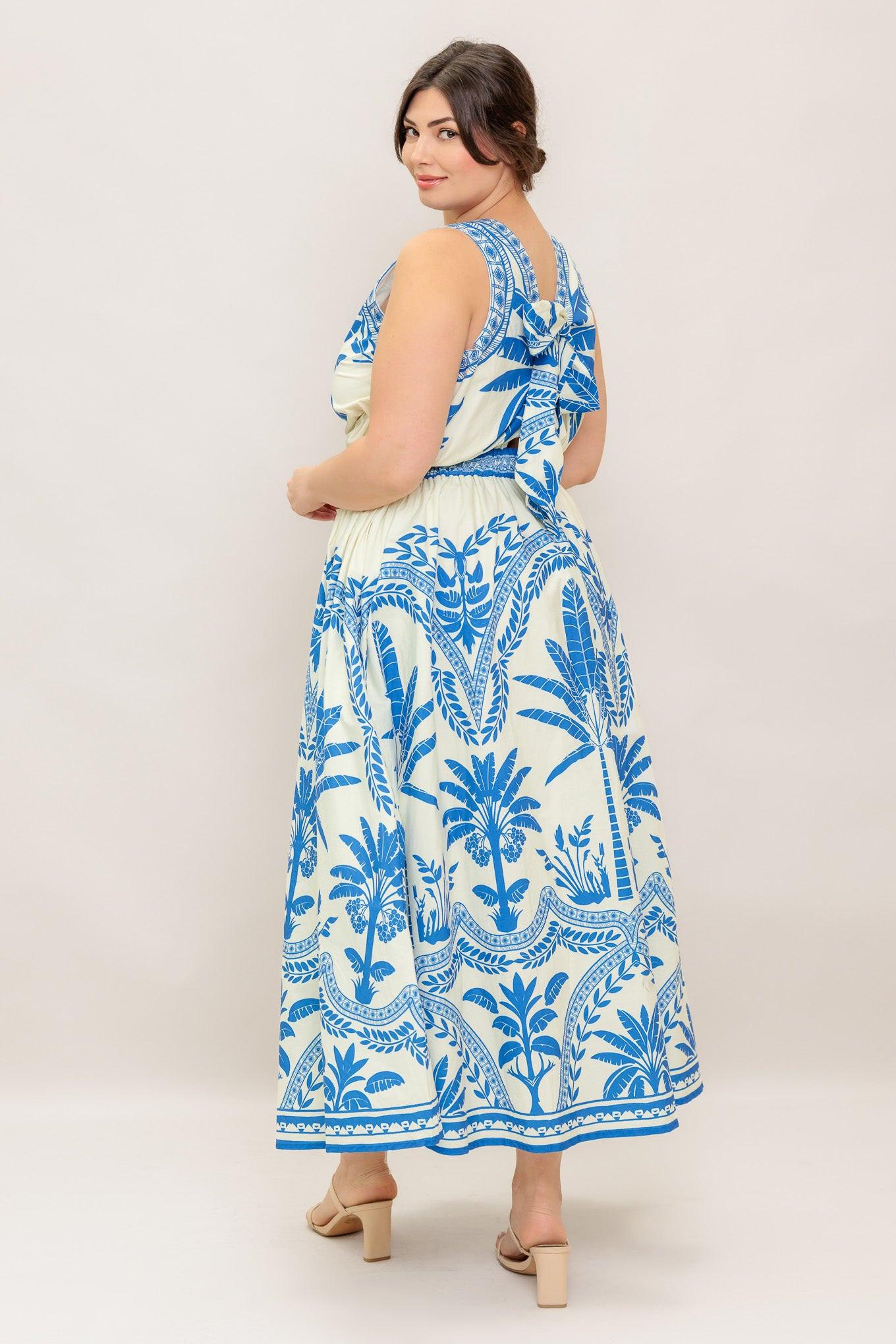 Ocean Petals Woven Midi Dress in ivory blue, view 5 — Soul Flow Apparel