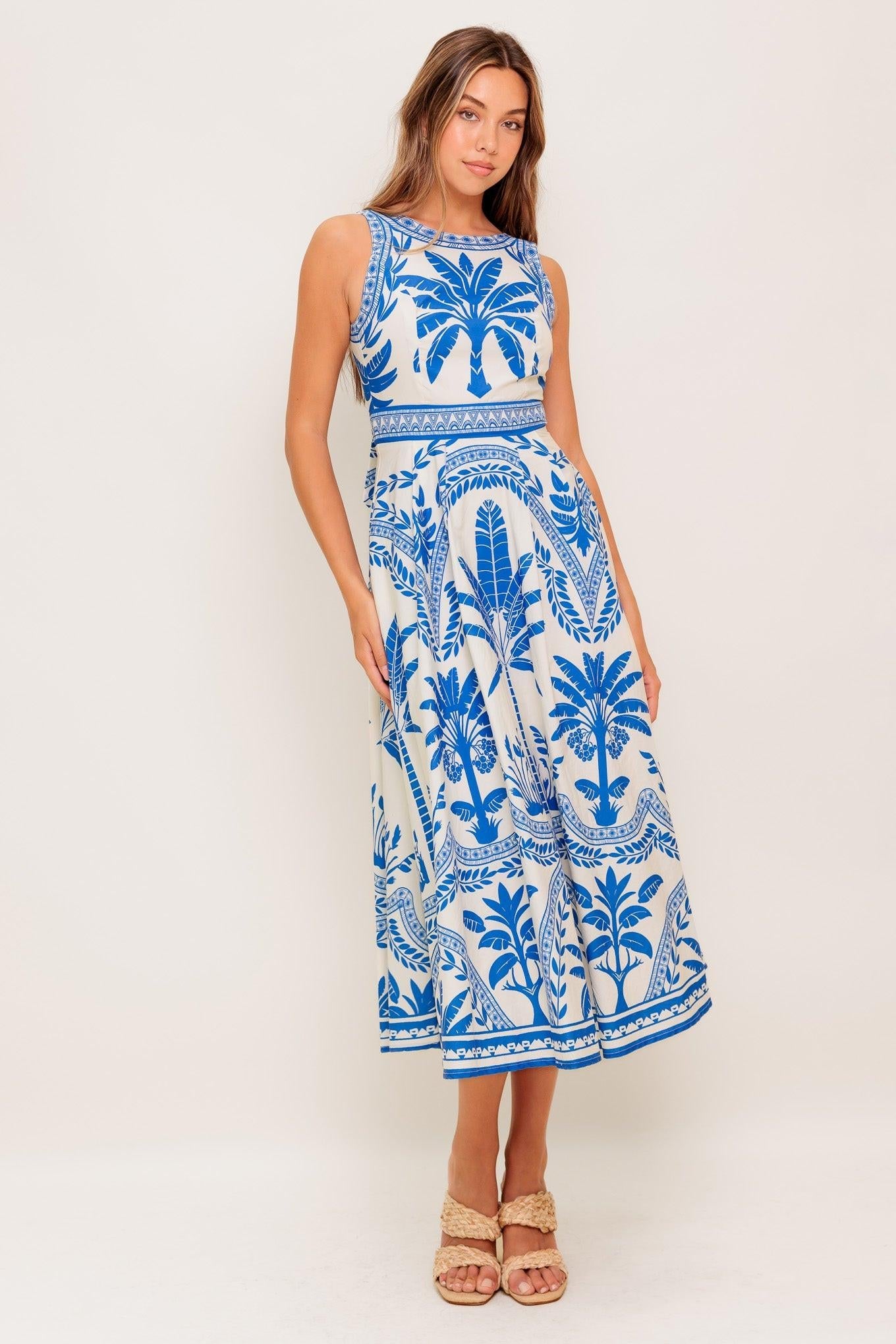 Ocean Petals Woven Midi Dress in ivory blue, view 1 — Soul Flow Apparel