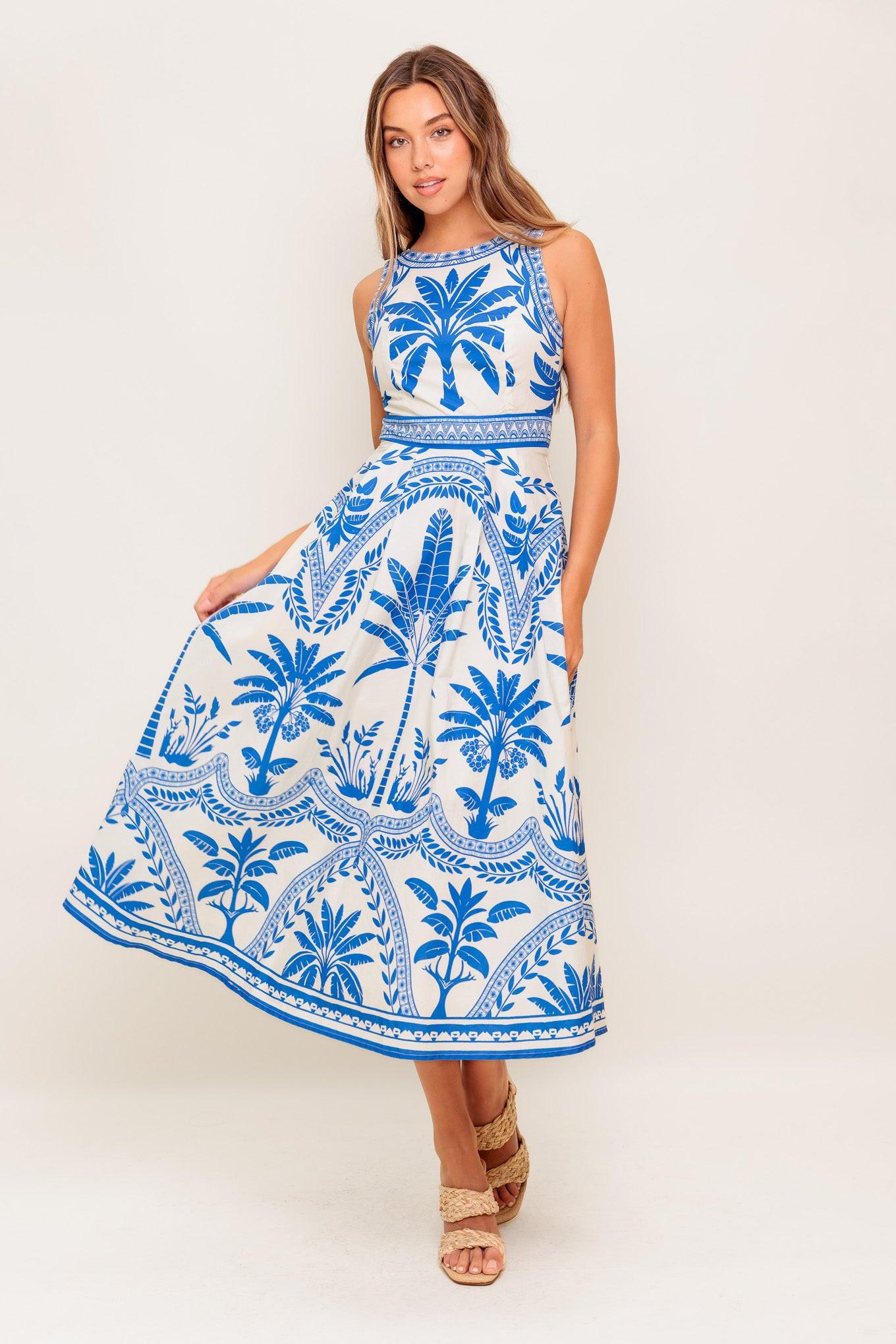 Ocean Petals Woven Midi Dress in ivory blue, view 3 — Soul Flow Apparel