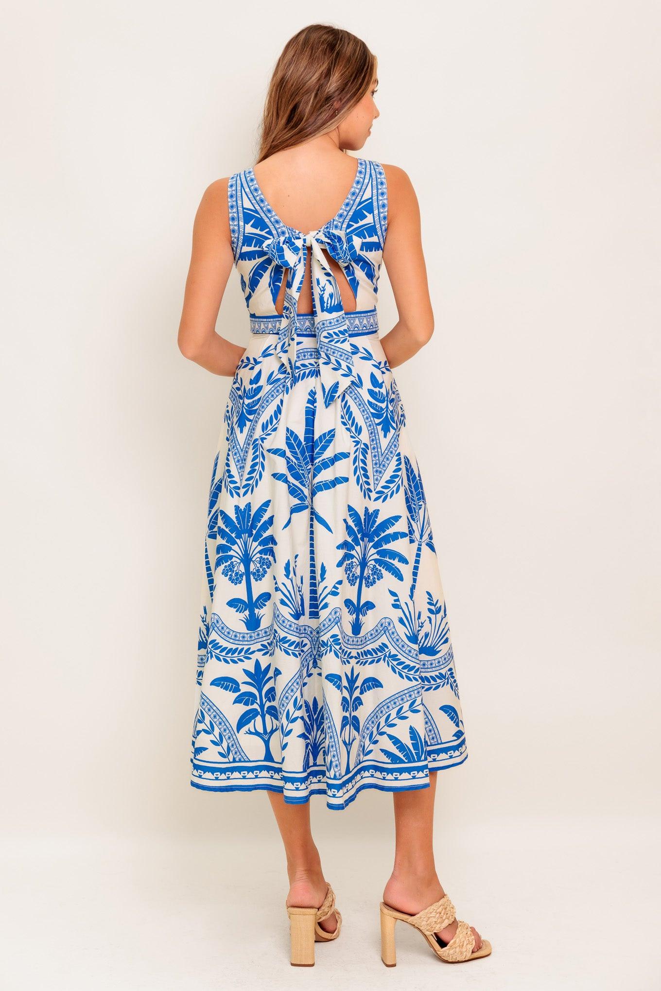 Ocean Petals Woven Midi Dress in ivory blue, view 6 — Soul Flow Apparel