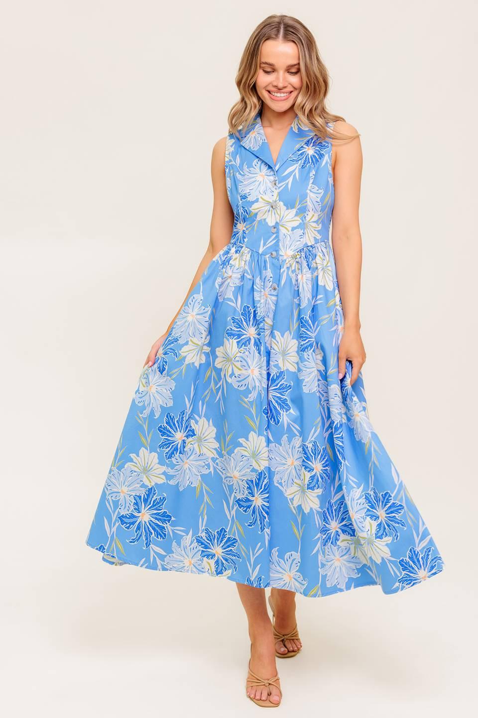 Fern Whisper Blue Woven Midi Dress in powder, view 1 — Soul Flow Apparel