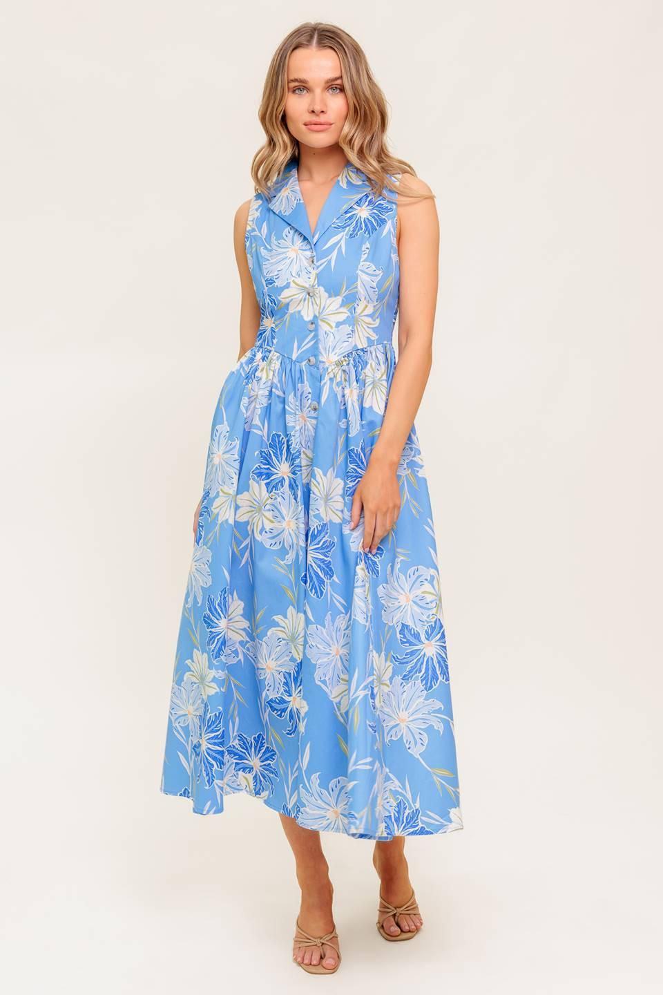 Fern Whisper Blue Woven Midi Dress in powder, view 2 — Soul Flow Apparel