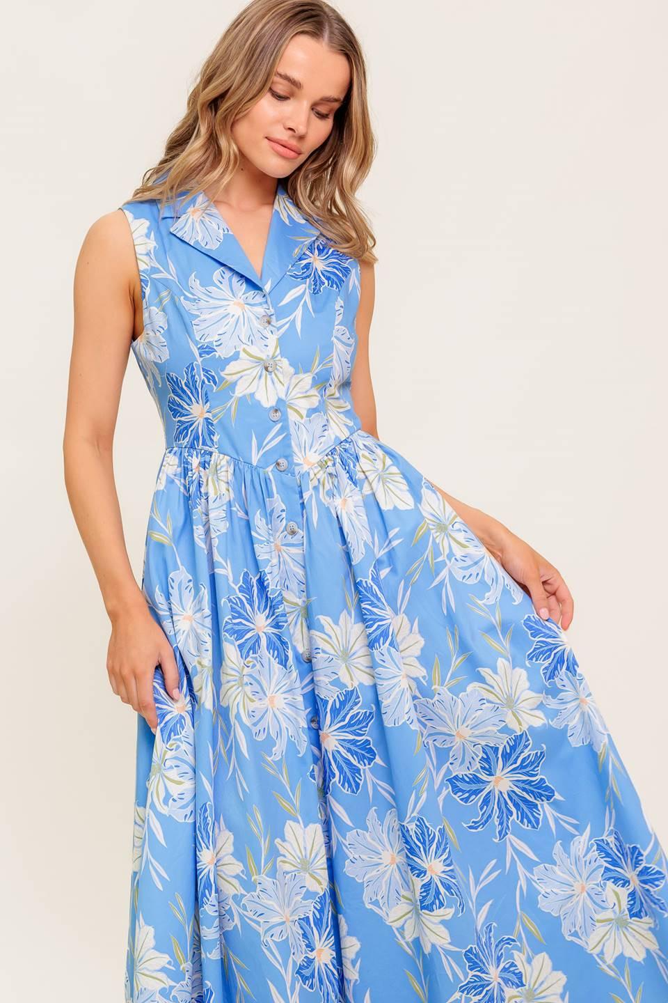 Fern Whisper Blue Woven Midi Dress in powder, view 3 — Soul Flow Apparel