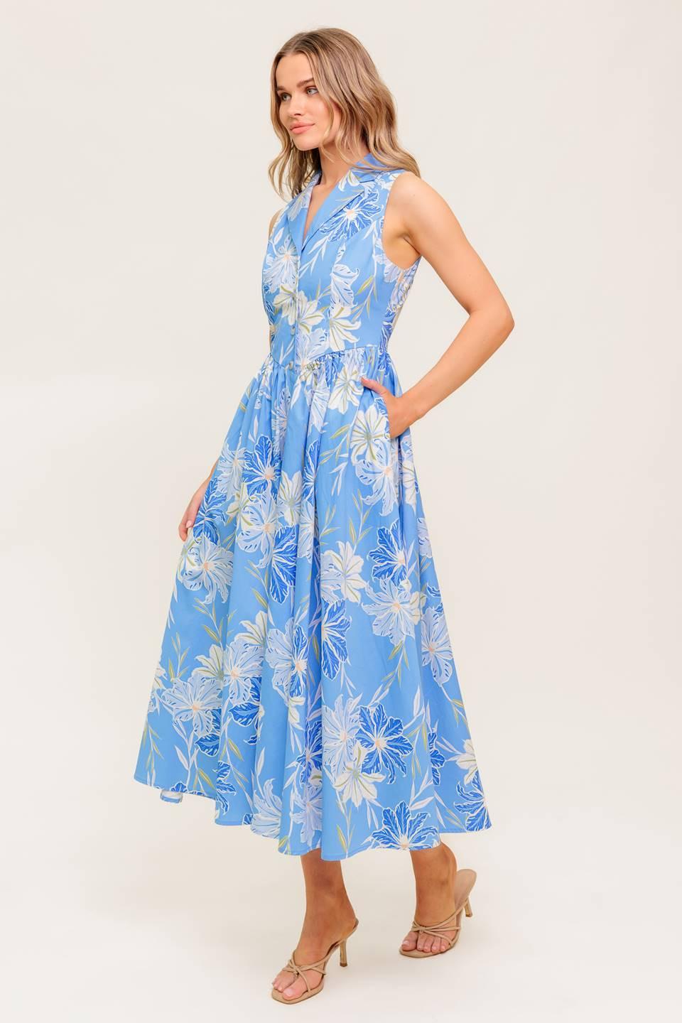 Fern Whisper Blue Woven Midi Dress in powder, view 4 — Soul Flow Apparel