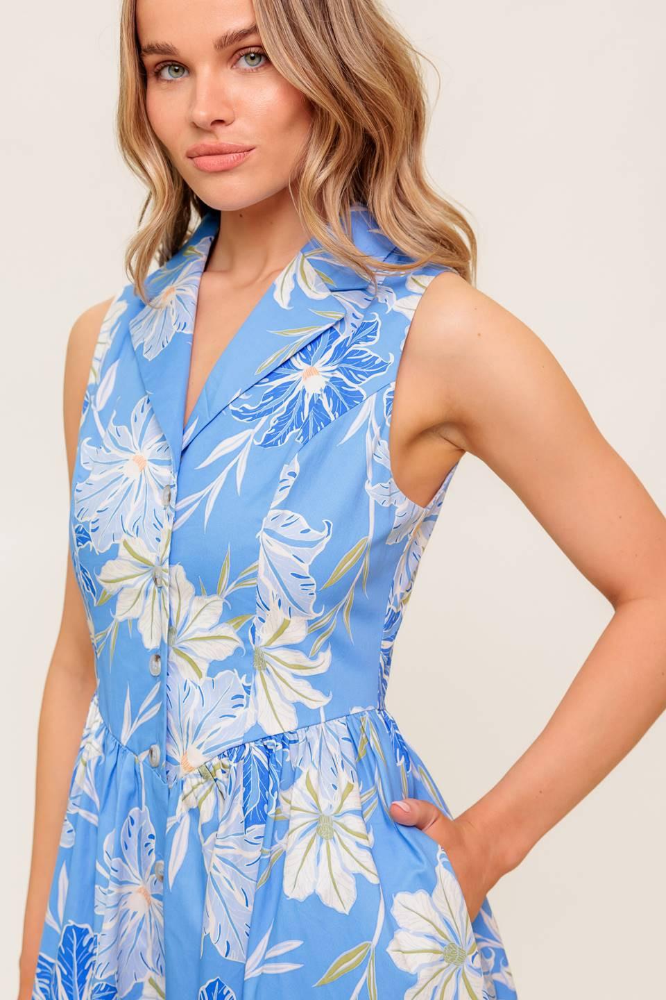 Fern Whisper Blue Woven Midi Dress in powder, view 5 — Soul Flow Apparel