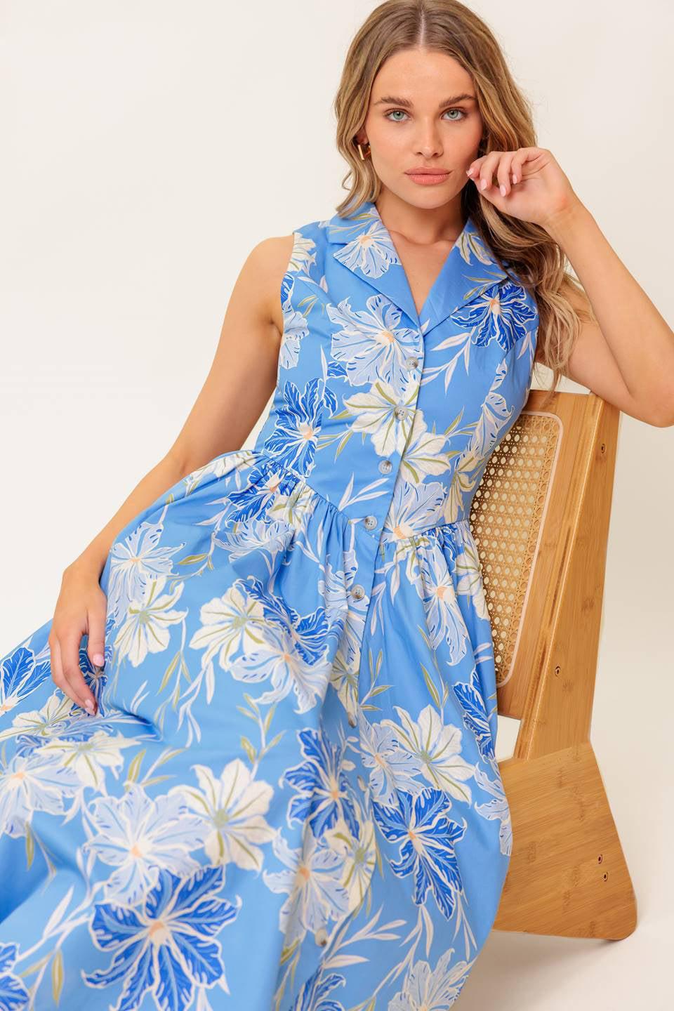 Fern Whisper Blue Woven Midi Dress in powder, view 7 — Soul Flow Apparel