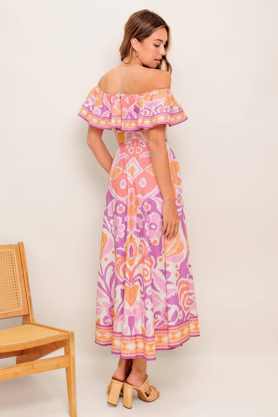 Cabana Dream Lavender Woven Midi Dress in coral, view 2 — Soul Flow Apparel