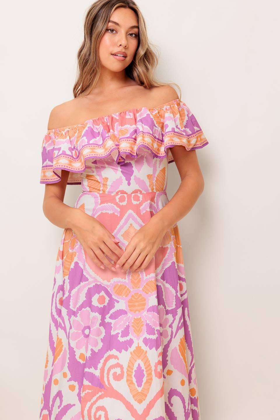 Cabana Dream Lavender Woven Midi Dress in coral, view 4 — Soul Flow Apparel