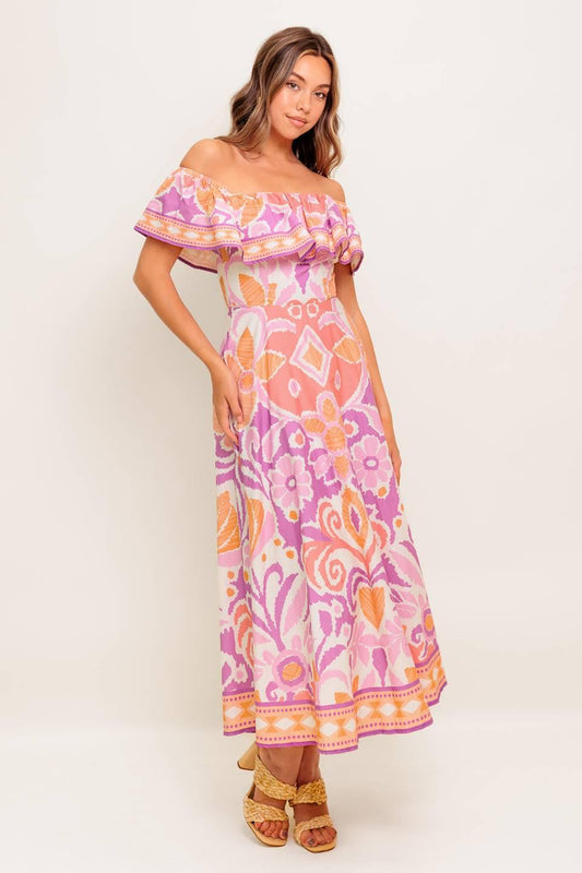 Cabana Dream Lavender Woven Midi Dress in coral, view 5 — Soul Flow Apparel