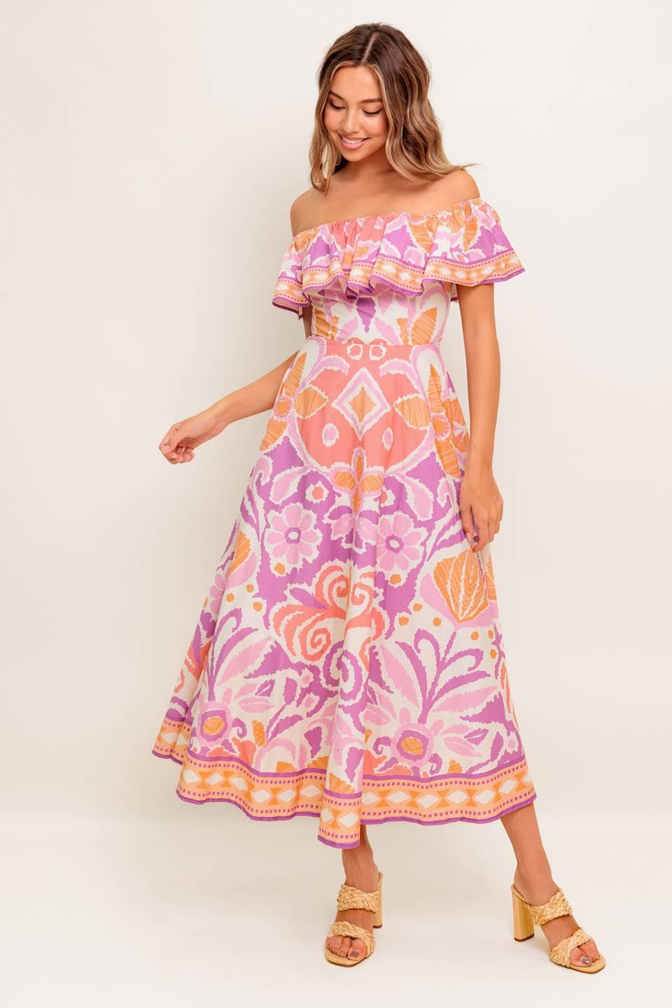Cabana Dream Lavender Woven Midi Dress in coral, view 6 — Soul Flow Apparel