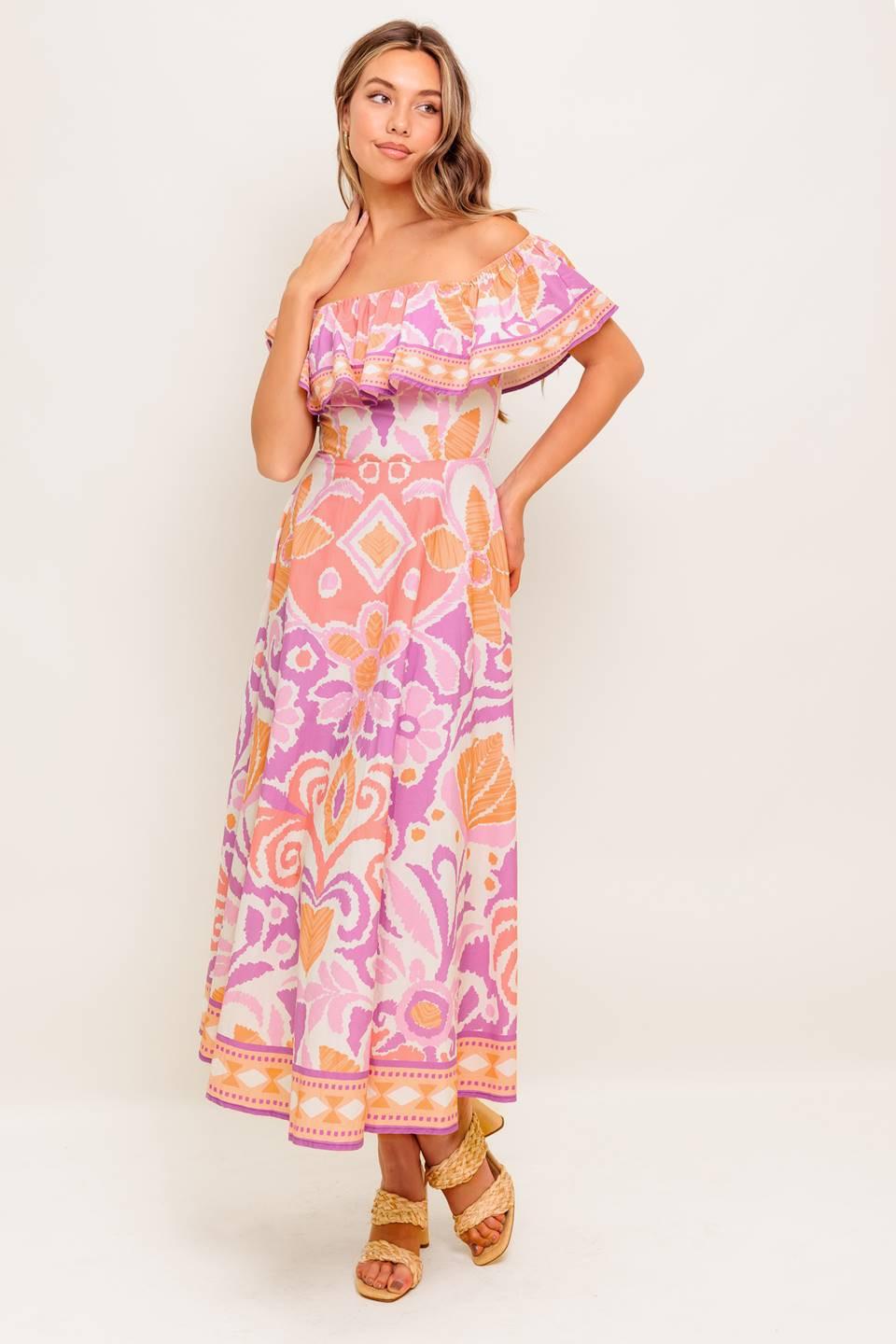Cabana Dream Lavender Woven Midi Dress in coral, view 7 — Soul Flow Apparel
