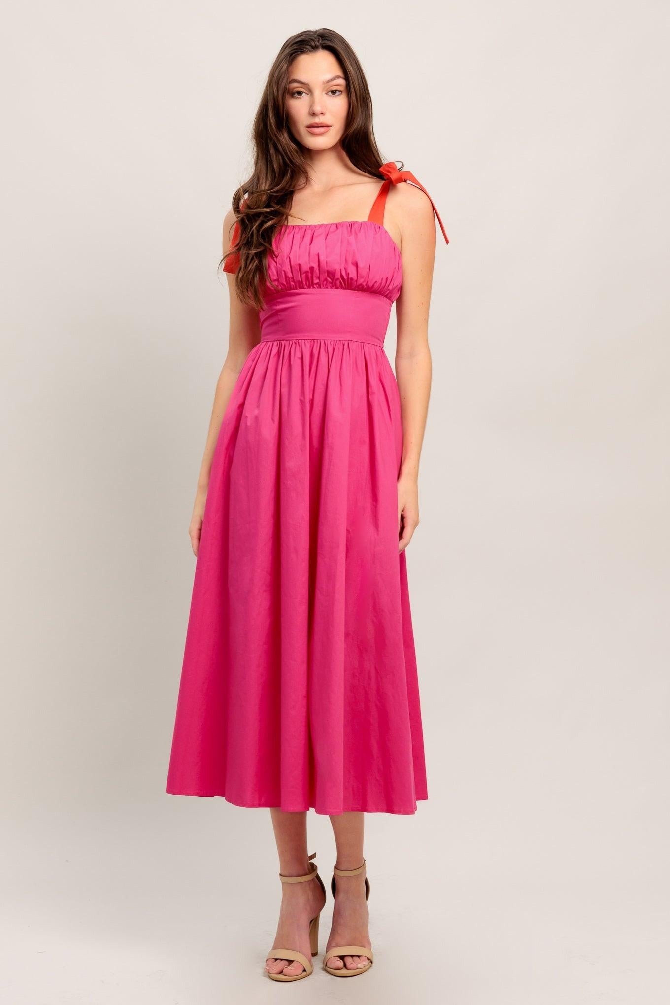 Evening Delights Fuchsia Woven Midi Dress, view 1 — Soul Flow Apparel