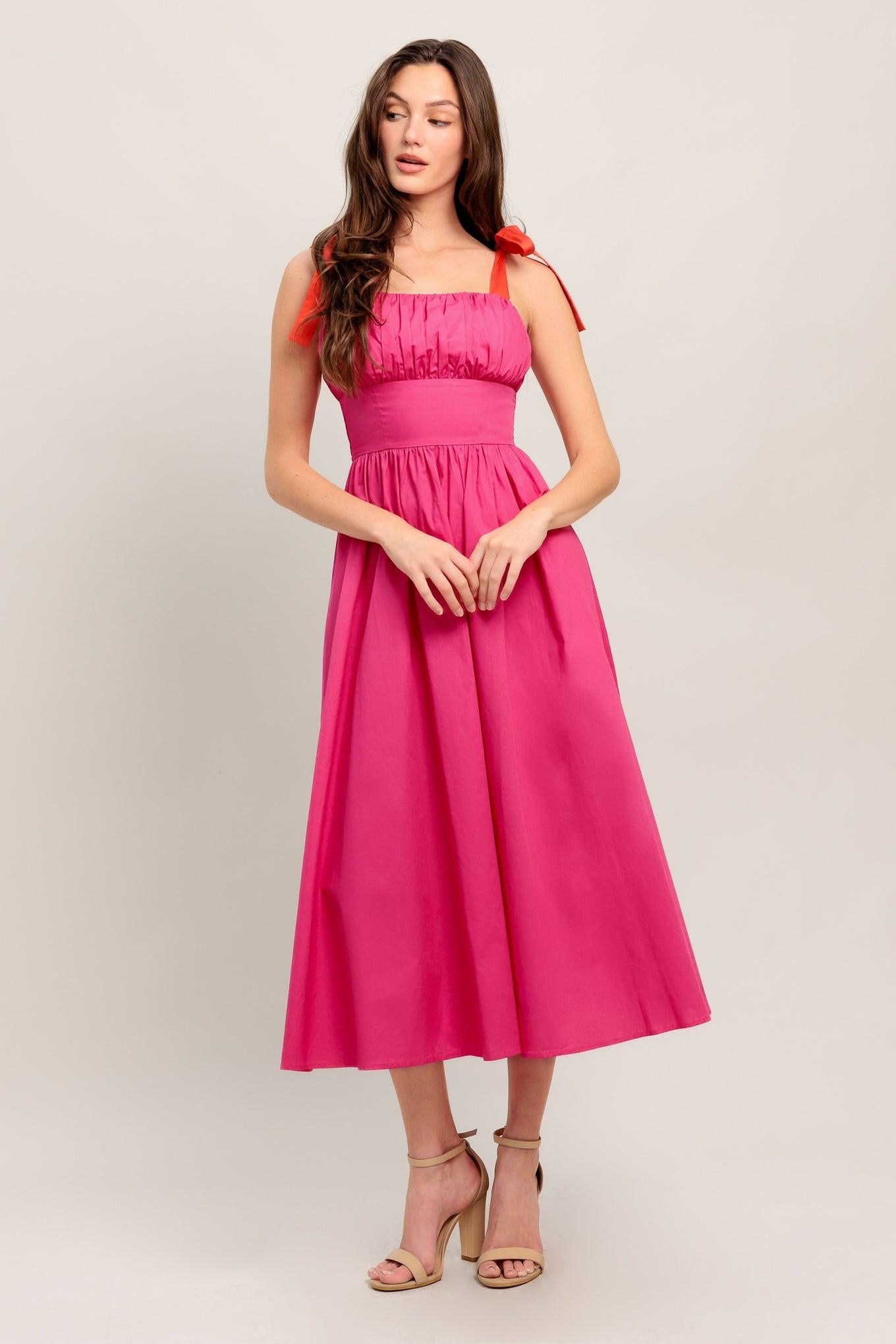 Evening Delights Fuchsia Woven Midi Dress, view 2 — Soul Flow Apparel