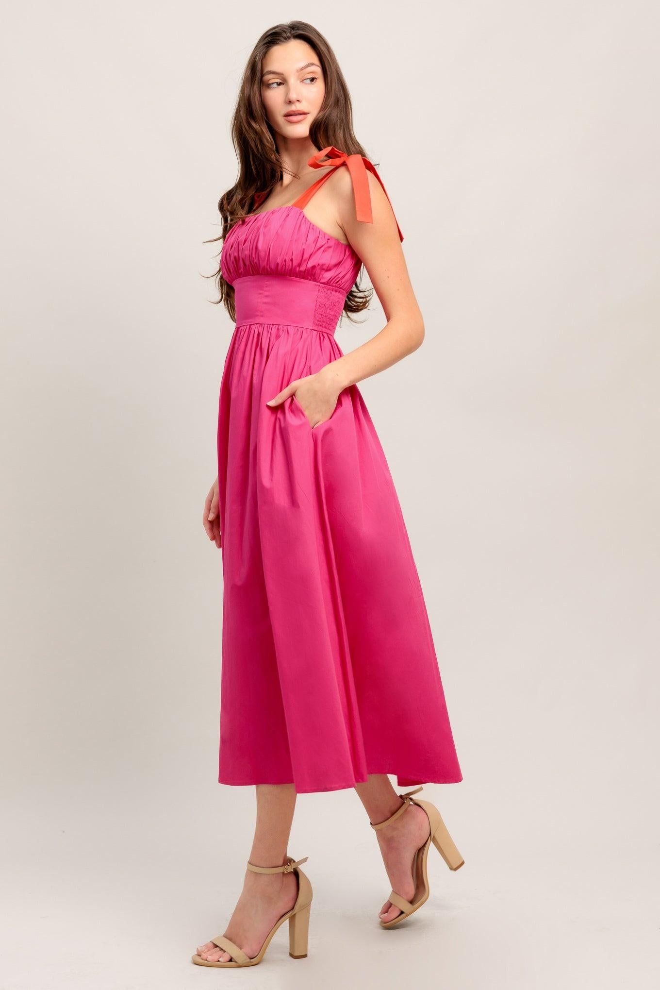 Evening Delights Fuchsia Woven Midi Dress, view 3 — Soul Flow Apparel