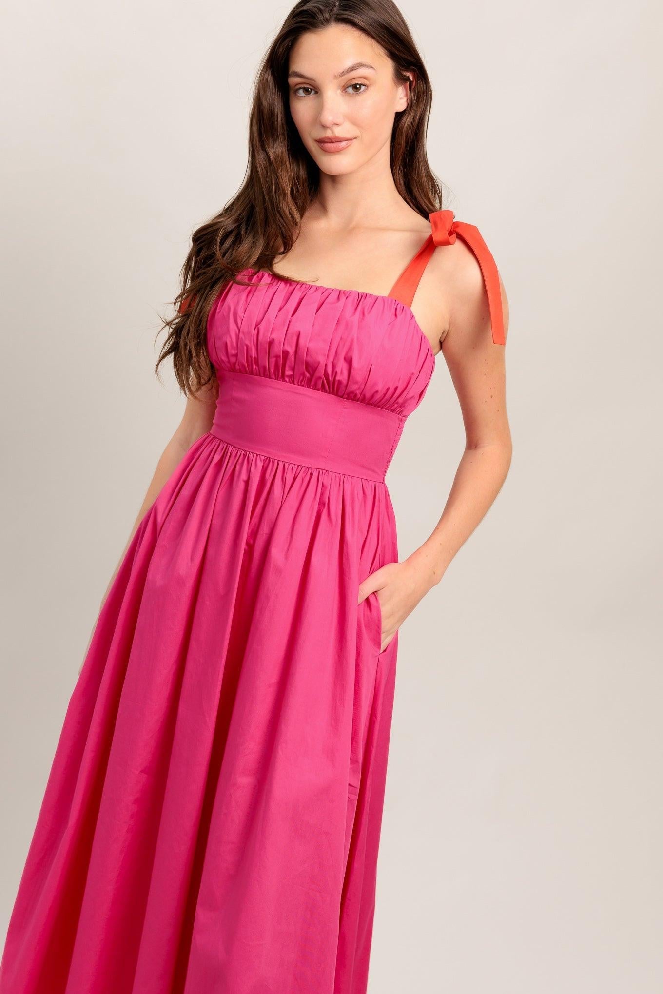 Evening Delights Fuchsia Woven Midi Dress, view 5 — Soul Flow Apparel