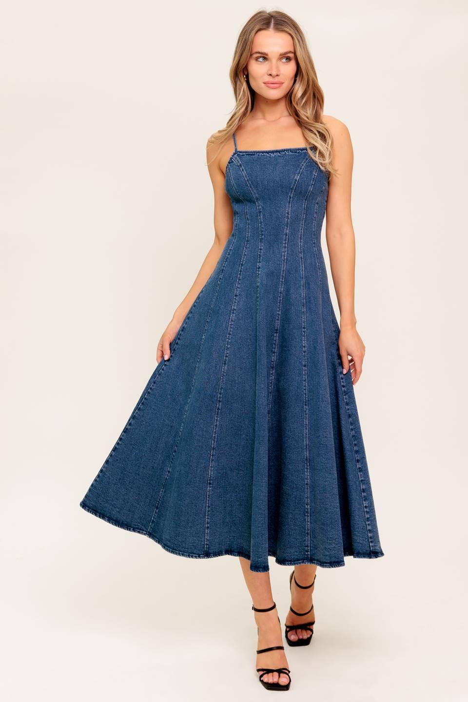 Vanilla Cove Denim Midi Dress in medium indigo, view 1 — Soul Flow Apparel