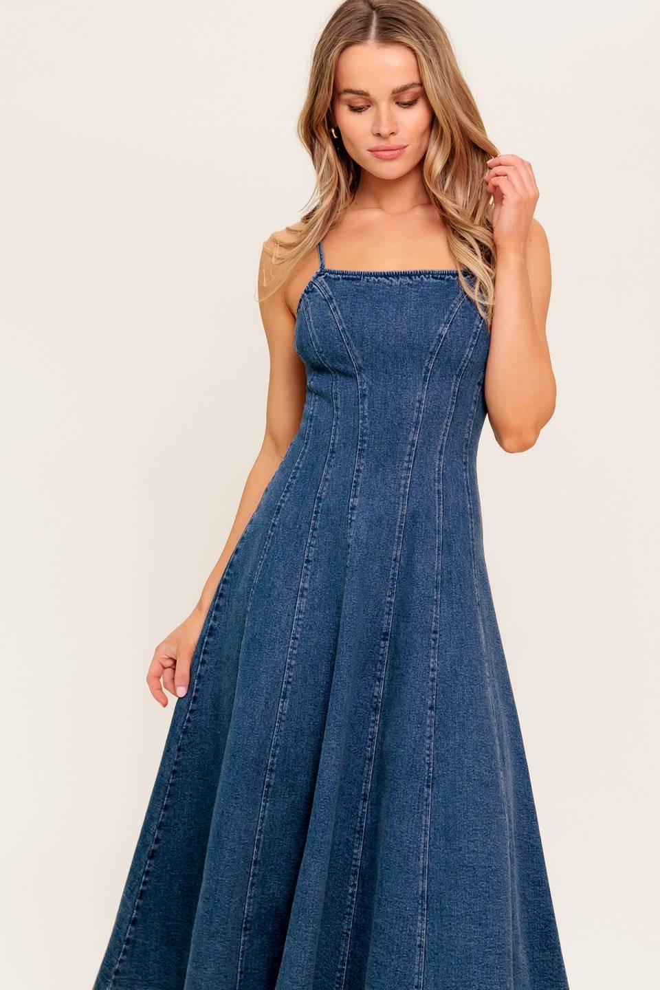 Vanilla Cove Denim Midi Dress in medium indigo, view 2 — Soul Flow Apparel